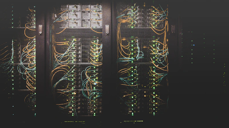 Corredor de data center com luzes âmbar, ambiente onde a equipe acompanha sistemas monitorados
